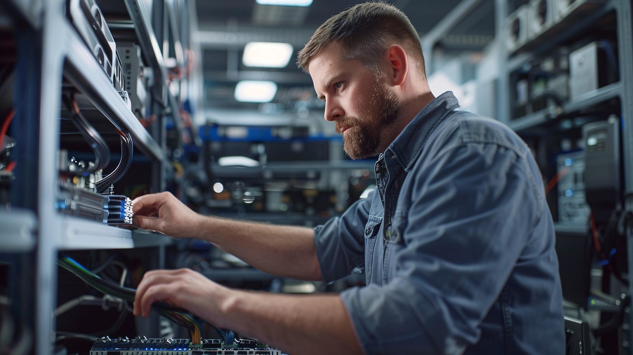 ai generated, technician, it support, it, hardware, technology, workshop, systems, focus, expertise, tech, electronics, repair, maintenance, work, equipment, professional, engineer, cables, wires, setup, network, server, diagnostics, development