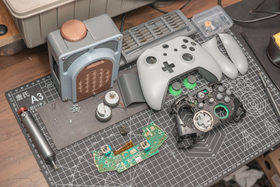 A disassembled video game controller and components set on a desk mat, illustrating electronics repair.
